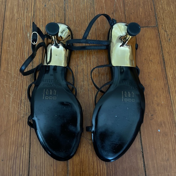 Simon Miller Low T Heel Sandal in Black Gold Strappy Thin Kitten Subtle Glam - Picture 6 of 6